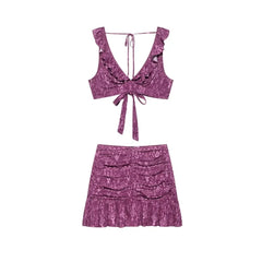 LBSFY -Fashion And Sexy Pleated Short Top And Pleat Skirt 2 Piece Set Floral Print Vest + Short Skirt Holiday Party Women Set New