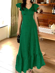 LBSFY -Summer French Vintage Ruffles Satin Women's Long Dresses Green Waist Print V-Neck Flying Sleeves Dress Fashion New Vestidos
