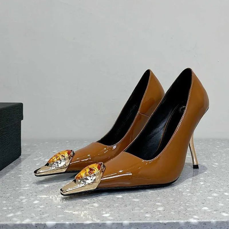 LBSFY  -  2025 New Luxury Gemstone Patent Leather Metal Square toe Women Pumps Fashion Office Thin High heels Female Party Banquet Shoes