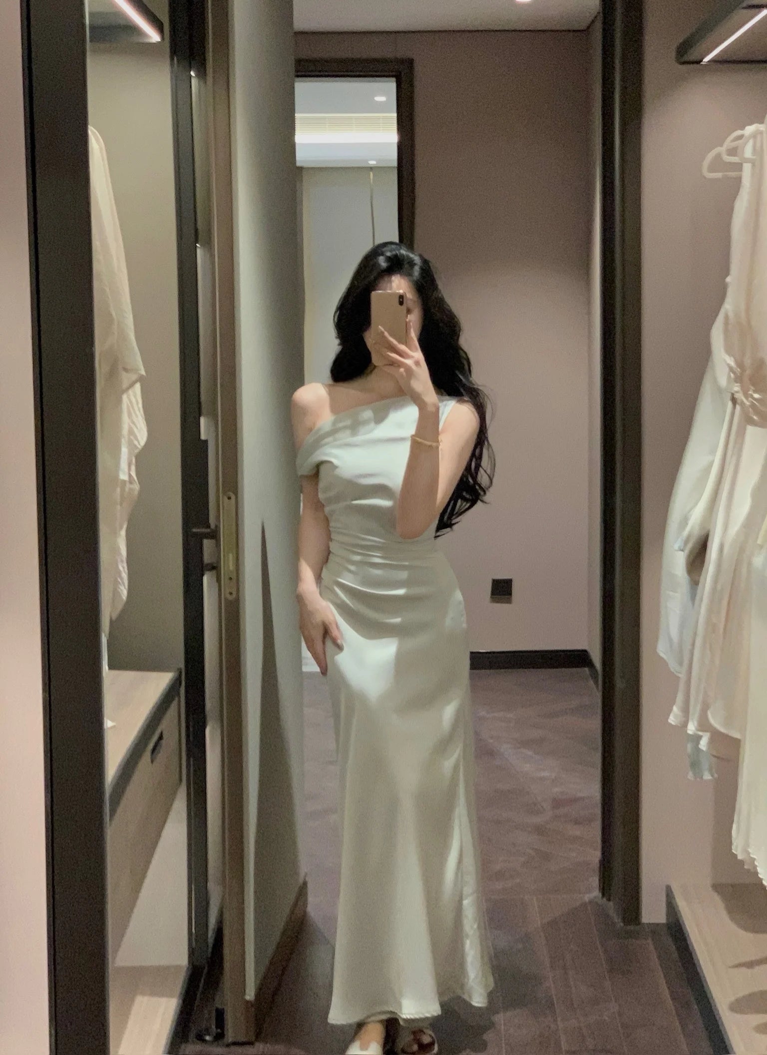 LBSFY -Elegant French Chic Satin Women's Dresses Solid Pleated Slim Waist Inclined Shoulder Mermaid Dress 2025 New Summer Evening Party