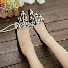 LBSFY -New Crown Pearl Soft Flats Wedding Shoes Pointed Toe Women Dress Moccasins Low Pearl Heel Ladies Fashion Luxury Plus Size 43