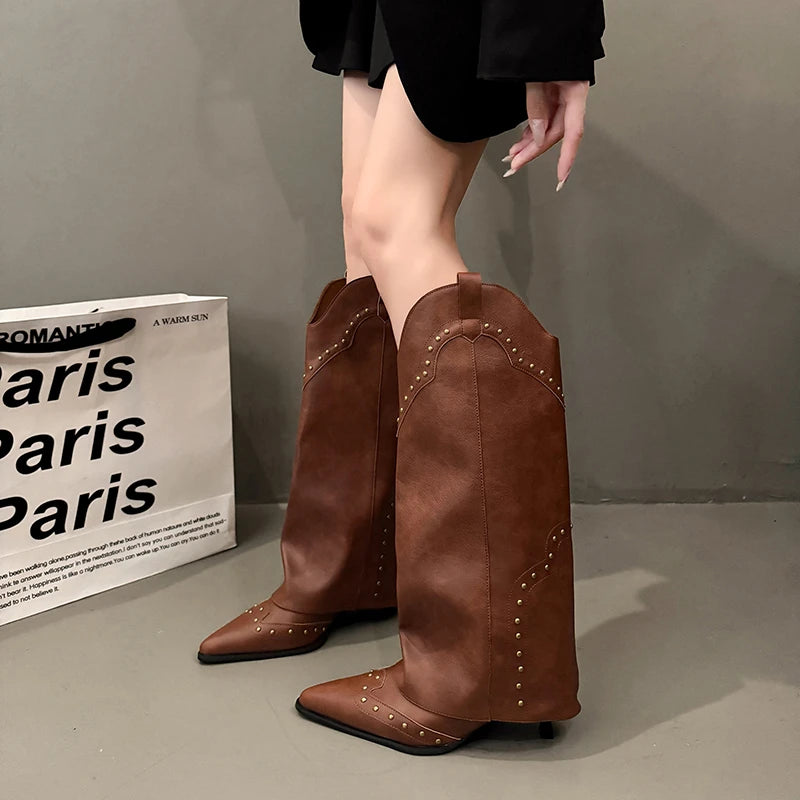 LBSFY -Woman Cowgirl Boots Fashion Slip on Ladies Elegant Square Heel Long Pipe Boots Shoes Retro Women's Winter Footwear