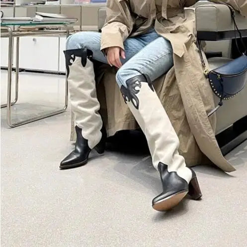 LBSFY  -  Genuine Leather Black White Mixed Color Pointed Toe Spike Heels Knee High Boots Women Slip On Tube Fashion Long Botas Shoes