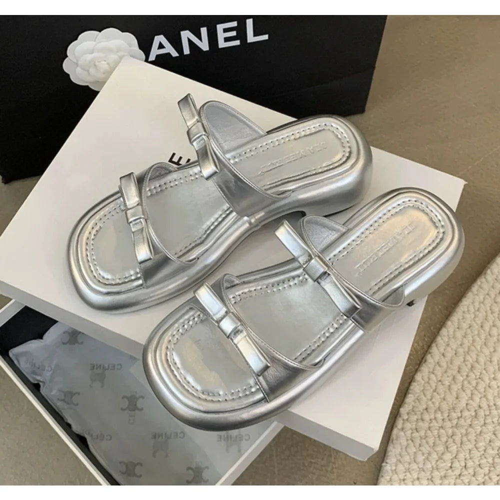 LBSFY -New Summer Women's Slippers 2025 Stylish Peep-toe Low Heel Silver Women's Comfortable Beach Shoes Sapatilas