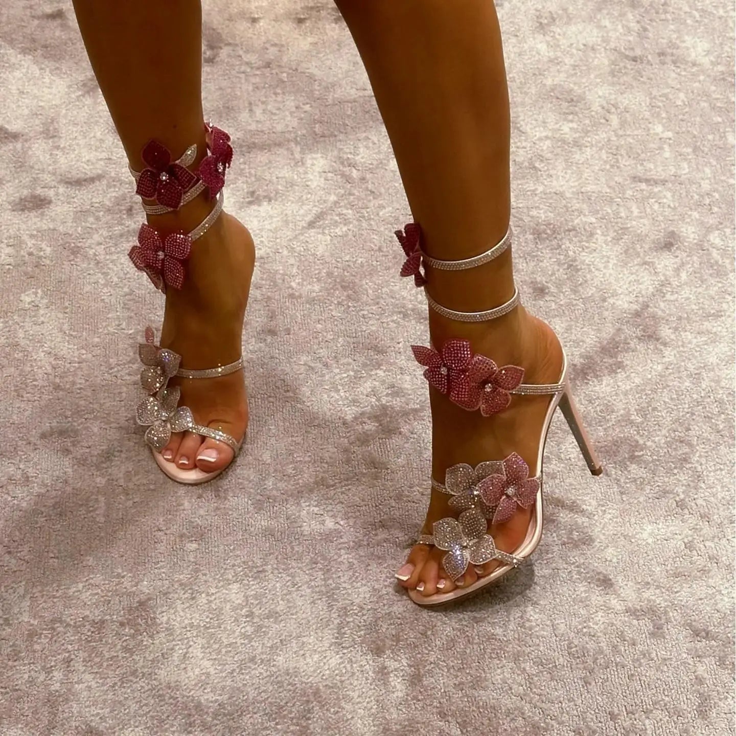 LBSFY  -  Pink Flower Rhinestone High Heels Sandals Shoes for Women Party Dress 2024 Elegant Luxury Stiletto Heels