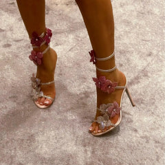 LBSFY  -  Pink Flower Rhinestone High Heels Sandals Shoes for Women Party Dress 2024 Elegant Luxury Stiletto Heels