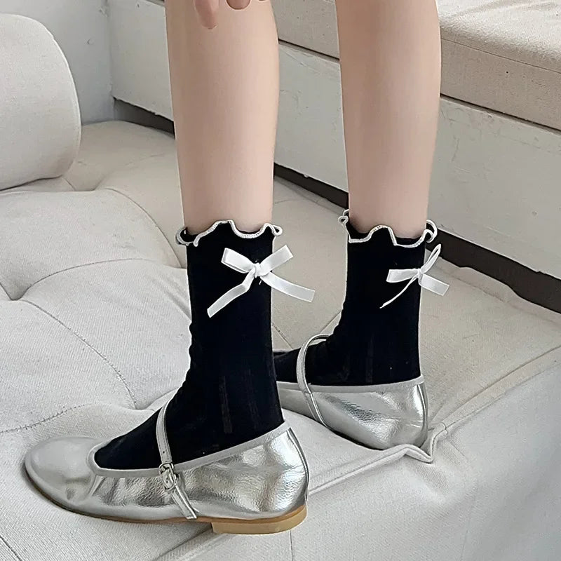 Lbsfy Cute Bowknots Cute Ruffle Socks Women Lolita Sweet Girls Kawaii Socks JK Japanese Styles Solid Color Black White Gray Long Socks