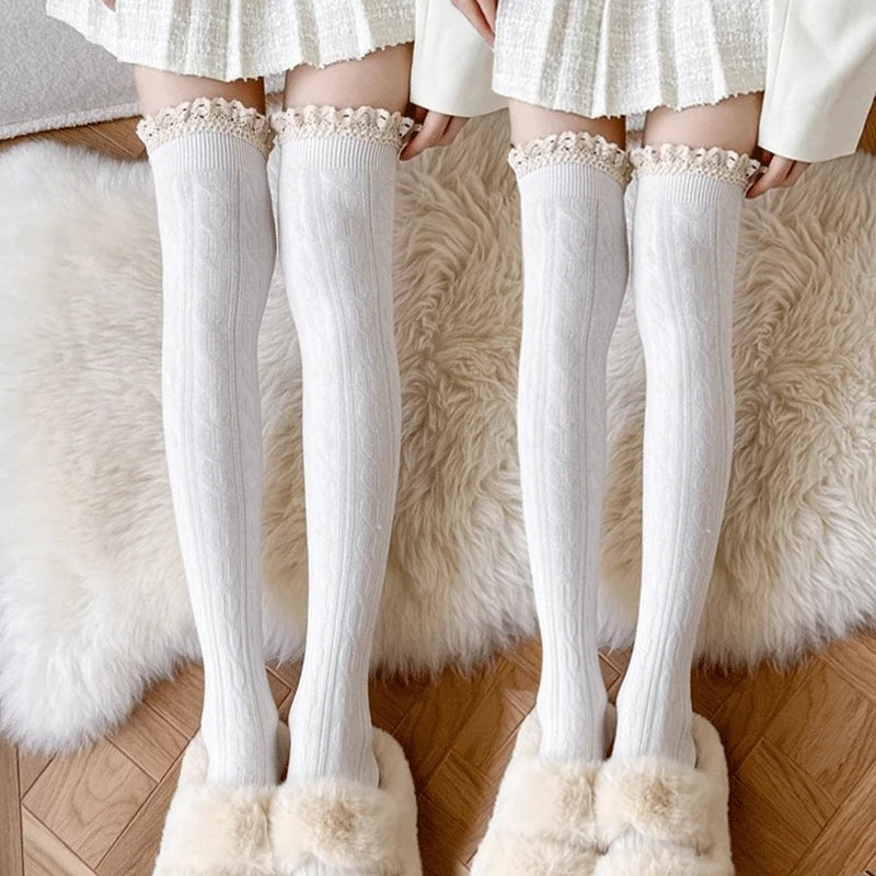 Lbsfy Japanese JK Lace Socks Lolita Lace Stockings Women Knitted Pattern Girls Cute Elegant Solid Color Winter Warmer Floor Hosiery