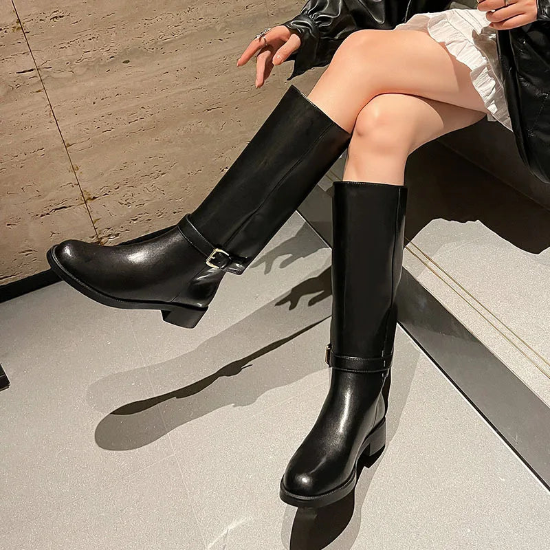 LBSFY  -  Round Toe Thick Heeled Cowhide High Boots, Fashionable Belt Buckle Splicing Sleeve Mid Heeled Knight Boots Women's Boots