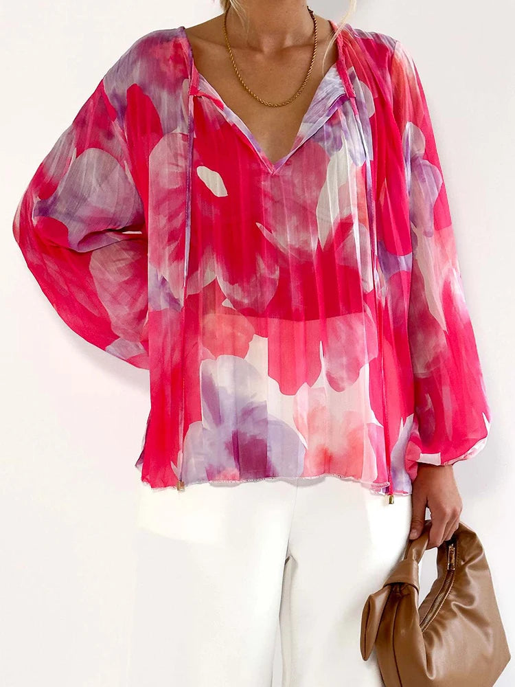LBSFY  -   Print Blouse Women Pullover Long Sleeve Lace-up Loose Casual Vacation Shirts Blouse Tie-Dye Print