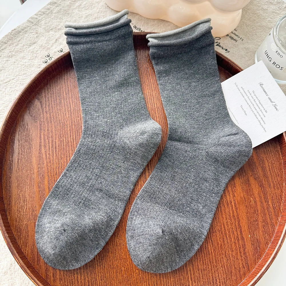 Lbsfy Autumn Winter Women's Tube Pile Socks Pure Cotton Double-layer Rolled Edge Y2K Trendy Sock Vertical Striped Cotton Female Socks