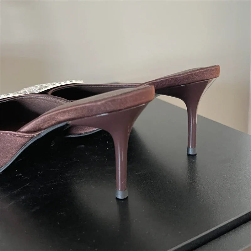 LBSFY -Spring Pointed Toe Crystal Buckle Mules Slippers Women Fashion Thin Heels Casual Party Shoes Zapatos De Mujer