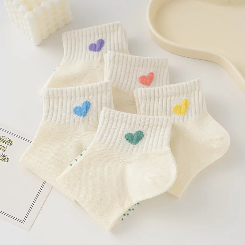 Lbsfy 5 Pairs Cotton Women Socks Pack White Spring Summer Autumn Love Print Low Tube Short Cute Kawaii Harajuku Striped Sock Set Girls