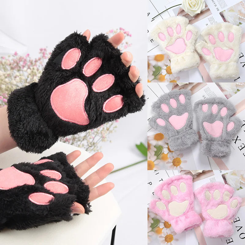 Lbsfy Cartoon Cat Paw Gloves Winter Cute Girl Open Finger Gloves Women Plush Warm Mittens Thickened Fluffy Bear Paw Half Finger Gloves