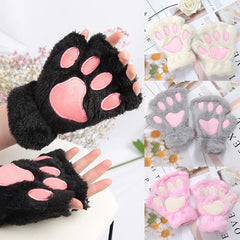 Lbsfy Cartoon Cat Paw Gloves Winter Cute Girl Open Finger Gloves Women Plush Warm Mittens Thickened Fluffy Bear Paw Half Finger Gloves