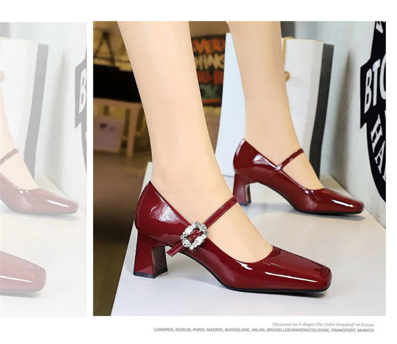 LBSFY -Banquet Mary Jane Women Single Shoes Square Toe Light Mouth Patent Leather One-Striped Rhinestone Buckle Thick Heel Medium Heel