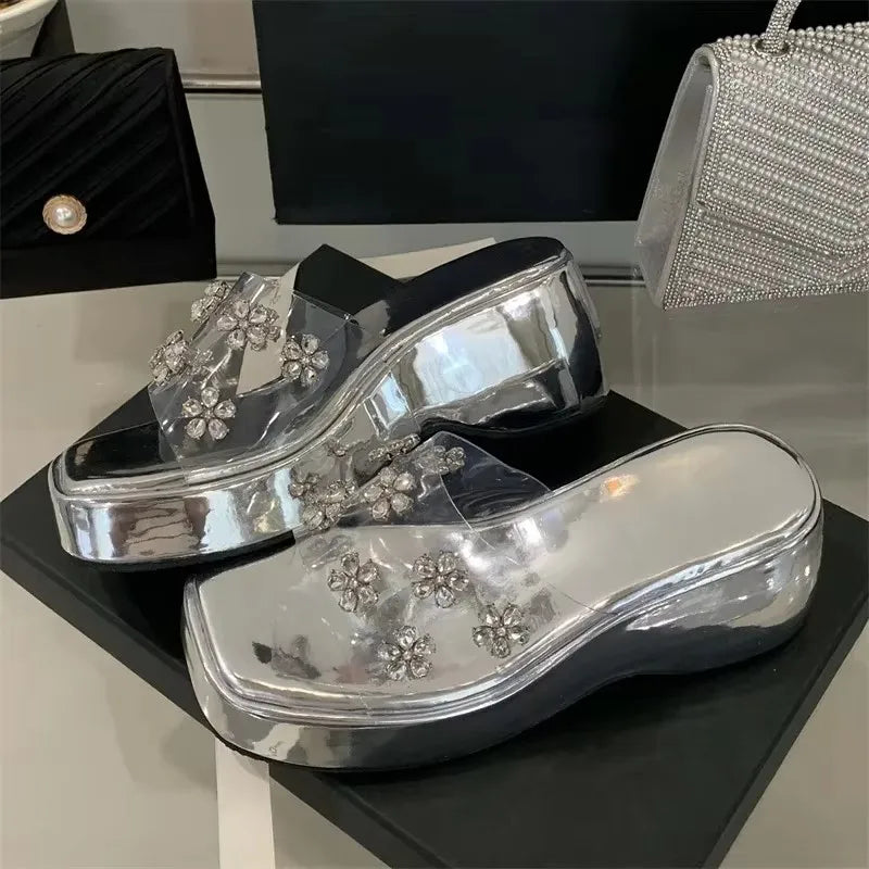 LBSFY -Summer CRYSTAL Flower PVC Transparent Women Slippers Fashion Solid Platform Wedges Heels Square Toe Sandals Shoes