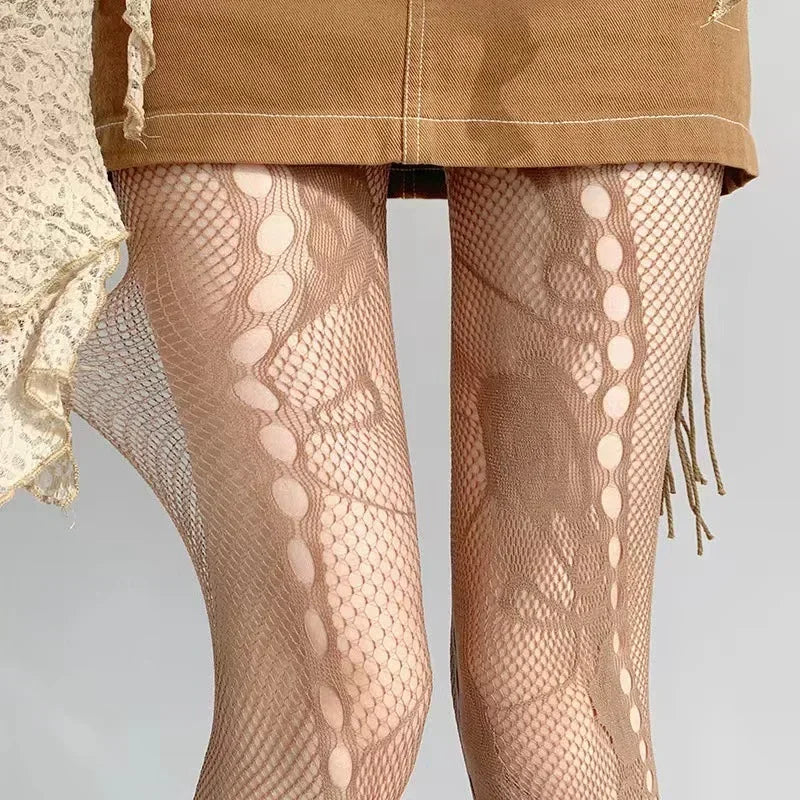 Lbsfy Y2K Floral Jacquard Sexy Stockings Women Gothic Punk Black Fishnet Pantyhose Harajuku Lolita Irregular Rose Holes Mesh Tights