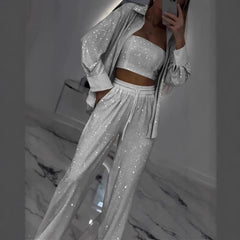 LBSFY  -  Female Long Sleeve Shirt + Tube Tops Tank + Wide Leg Pants Suit for Women 2025 Party Fashion Women Sequins Outfit 3Pcs Sets