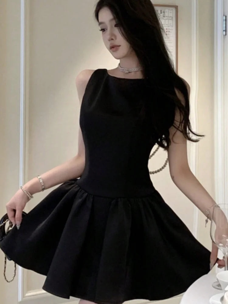 LBSFY -Summer 2025 Chic Elegant Black Evening Party Women Princess Dress Pearl Chain Backless Wedding Guest Travel Short Dresses New
