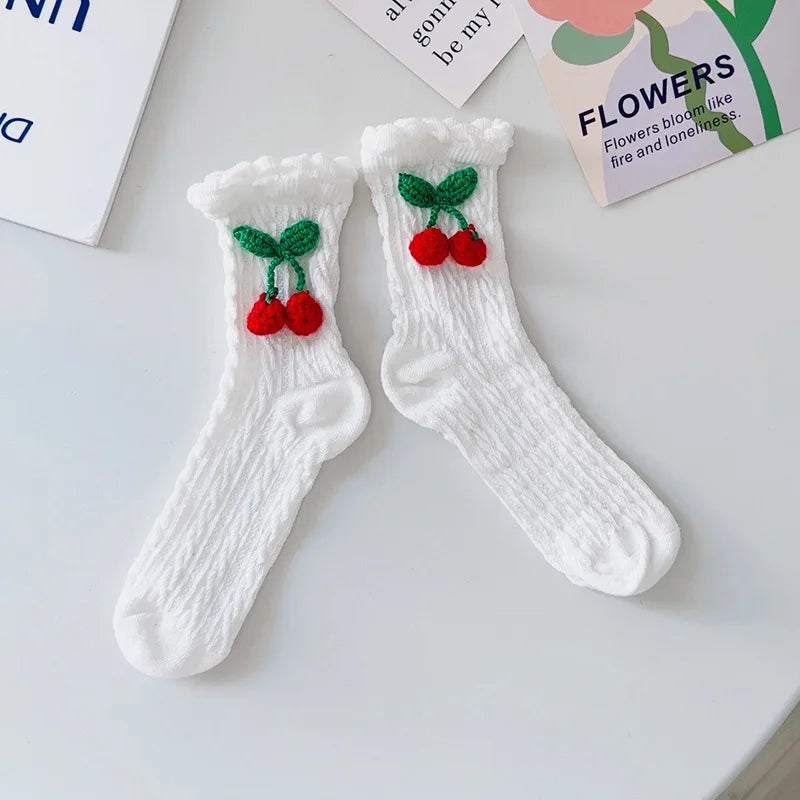 Lbsfy women cotton socks Japanese solid color cherry sweet spring Lolita princess white socks girls gift female