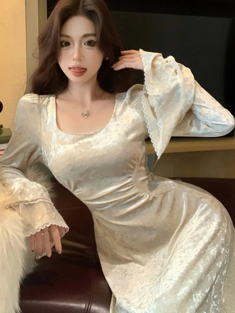 LBSFY -French Flare Sleeve Velvet Evening Dresses for Women Elegant Slim Waist Party Prom A-Line Vestidos Fashion Female Long Robe New