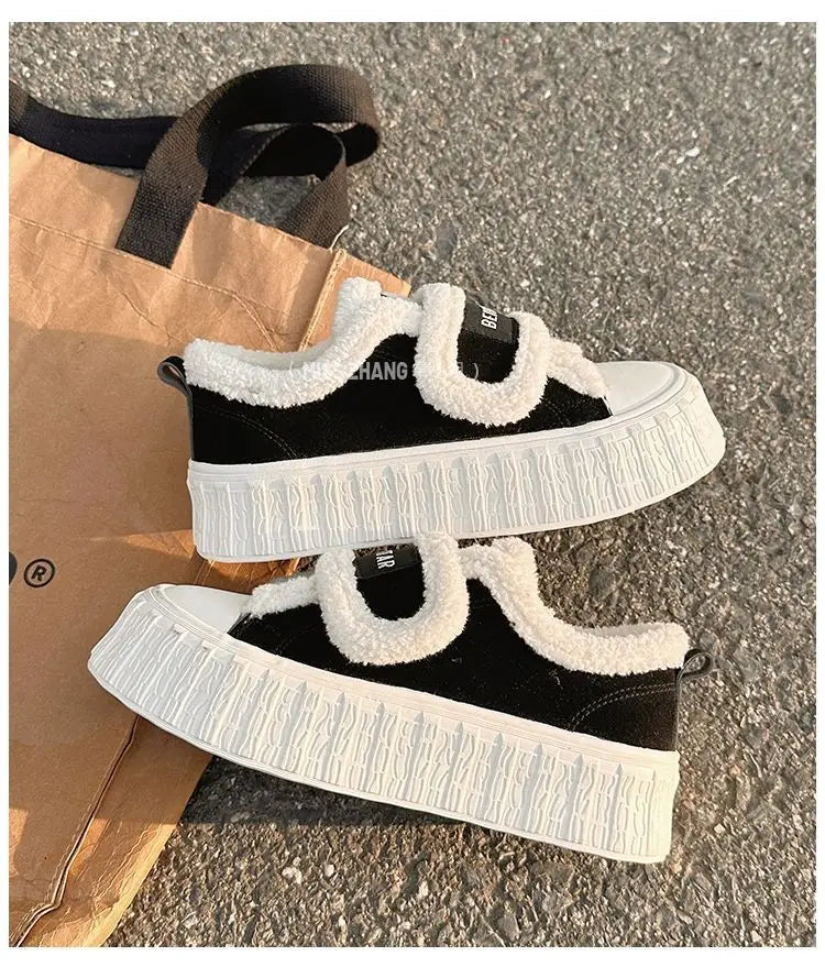 LBSFY  -  Winter Women Breathable Warm Sneakers White Wool Shoes Thick Heel Plaid Sneakers Casual Running Platform Y2K Lolita Shell Shoes