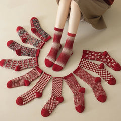 Lbsfy 6 Pairs Happy New Year Socks for Women Combed Cotton Fashion Red Christams Sock Sets Female Winter and Spring Double Needle Sock