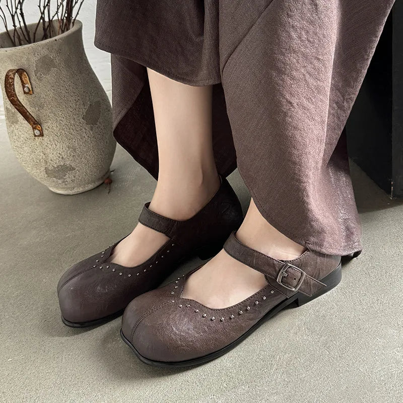 LBSFY  -   Fashion Pumps New High Quality Genuine Leather Shoes Rivet Low Heel Mary Janes Shoes Commuter Women's Shoes