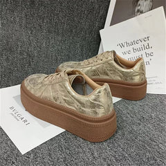 LBSFY  -  Gold Silver Fashion Women Sneakers High Platforms Comfort Casual Shoes Round Toe Cross-tied Genuine Leather Shoes Woman