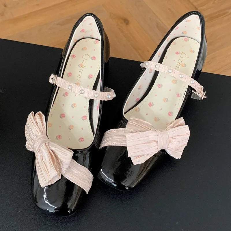 Lbsfy Butterfly-knot Sweet Mary Jane Shoes Women Elegant Chunky Dress Shoes Shallow Designer Pumps Buckle Square Toe High Heels Ladies