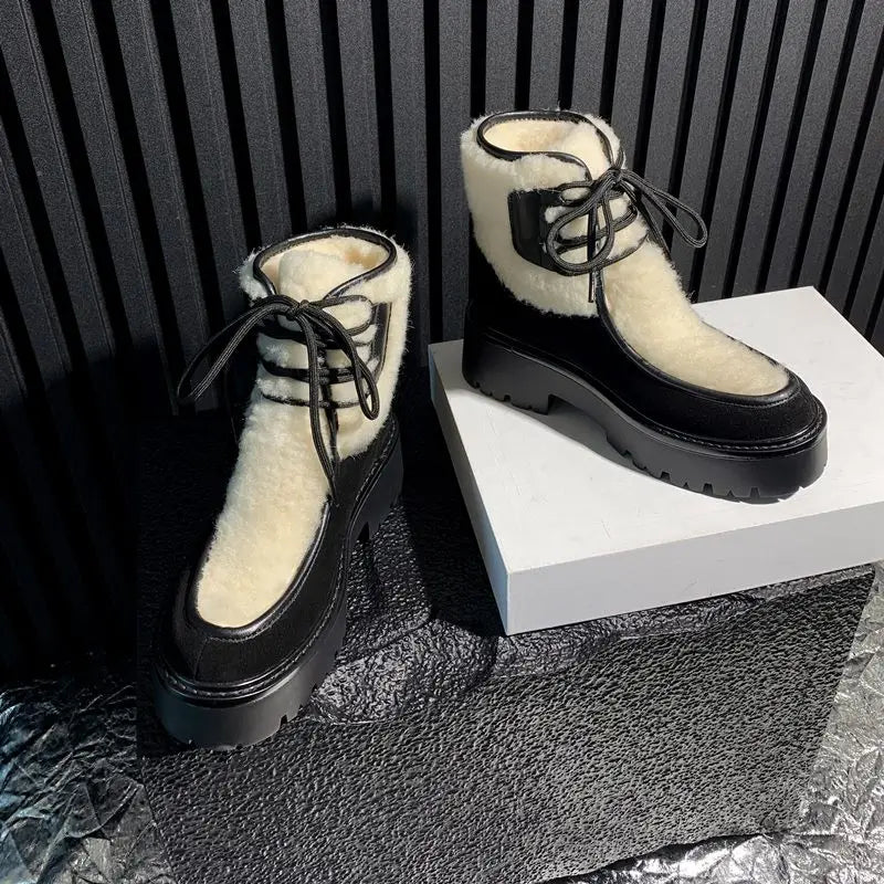 LBSFY  -  Cow Suede Snow Boots Women Lace Up Wool Blend Winter Boots Fashion Warm Ankle Boots Ladies Shoes