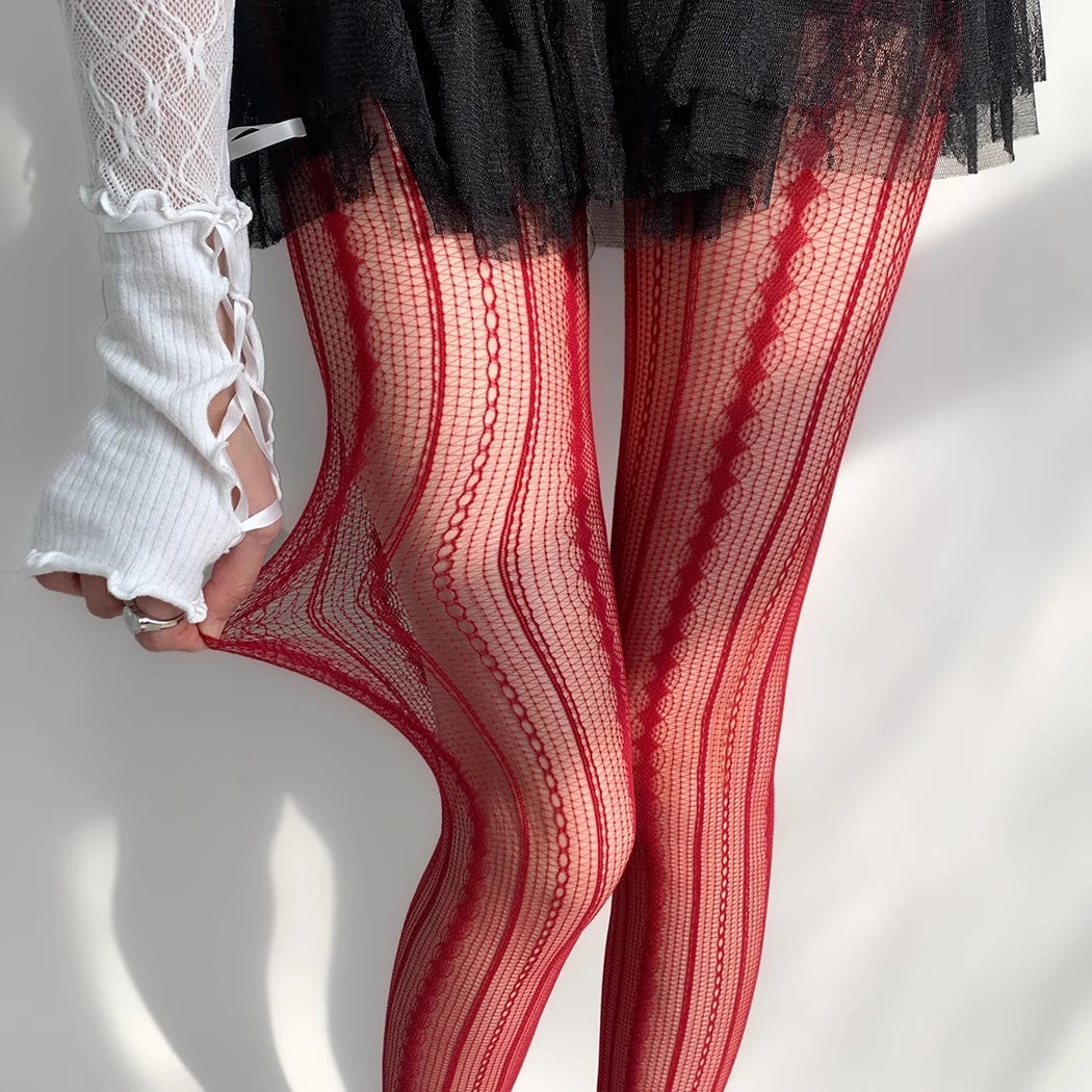 Lbsfy Women Sexy Lace Fishnet Pantyhose Lolita Style Hollow Out Design Red Silk Stockings JK High Waist Striped Tights Christmas Gifts