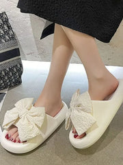 LBSFY  -  Cosay Home Floor Thick Soled Fashion Office Slippers Women Pure Color Bow Hospital Indoor Wear Height Ribbon Fit Slippers 2024