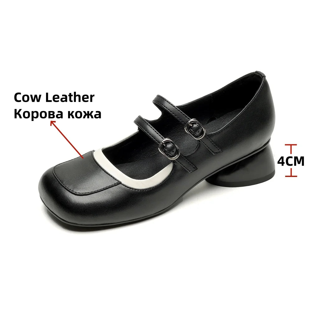 LBSFY  -  New Women's Mary Janes Shoes High Quality Genuine Leather High Heels Dress Shoes Buckle Strap Women's Party Shoes
