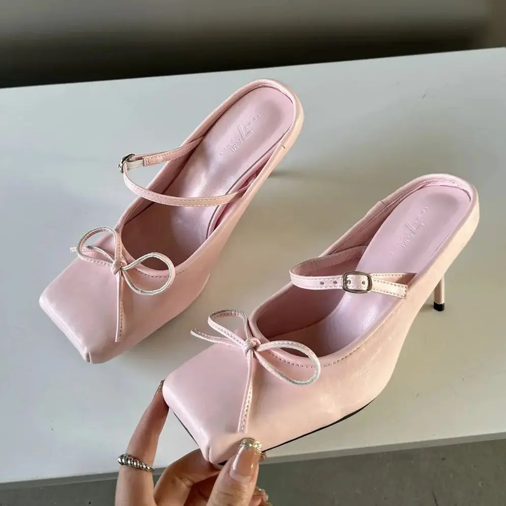 LBSFY  -   Women Mule High Heel Shoes Red Pu Leather Silppers Bow Summer Fashion Pumps Mule