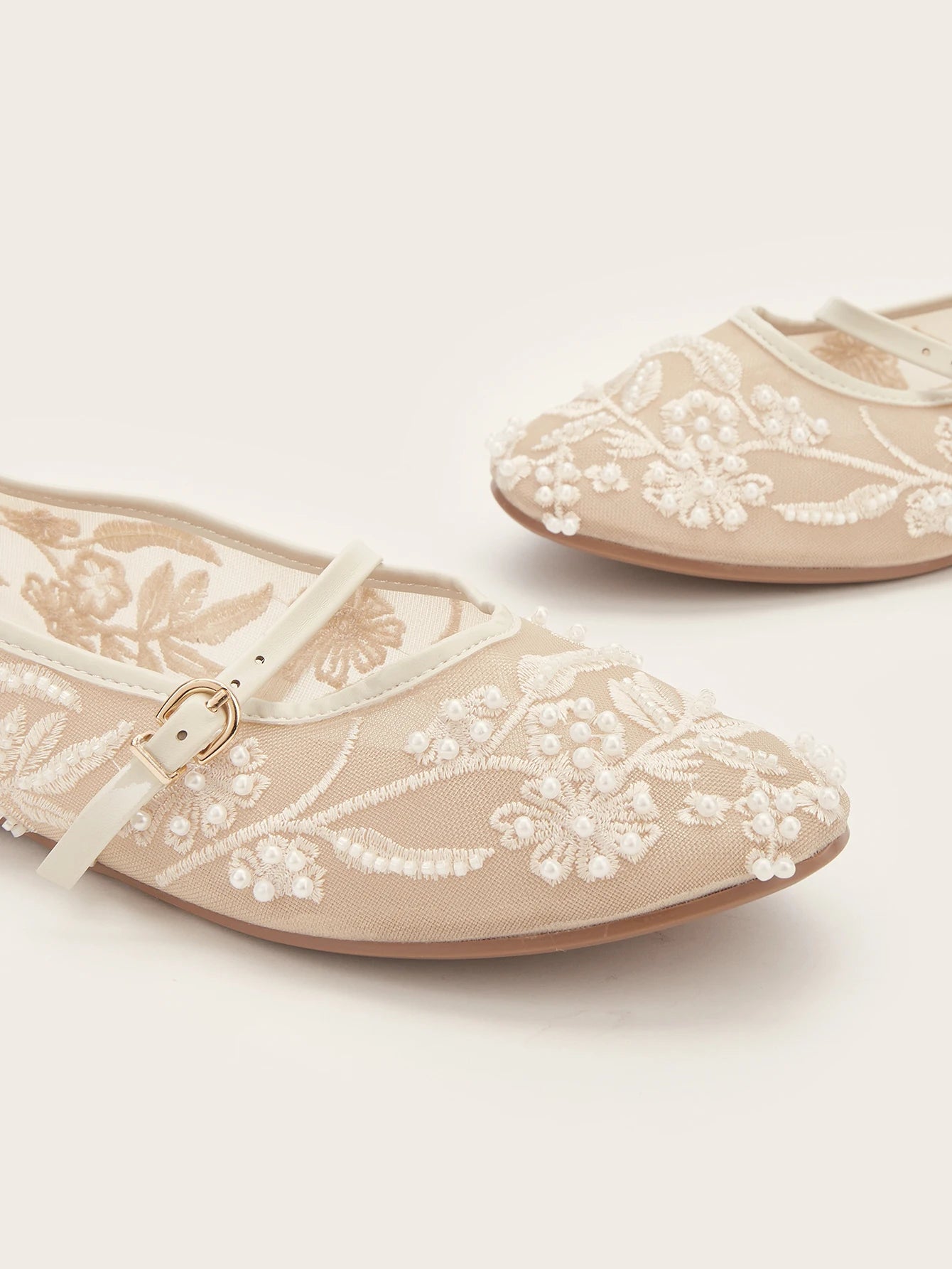 LBSFY -Embroidery String Bead Mesh Ballet Flats Women Fashion White Pearl Mary Jane Shoes Light Summer Flats Elegant Cozy Flat Sandals