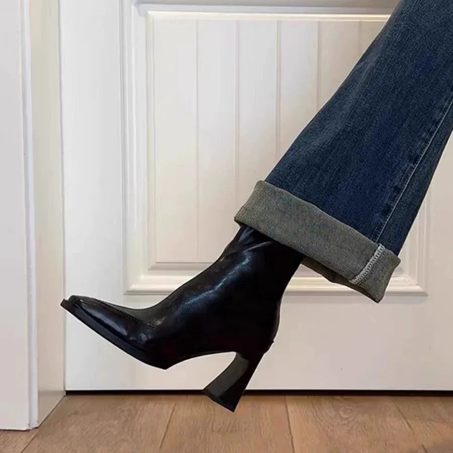 LBSFY -2025 Vintage High Heel Women Ankle Boots Fashion Square Toe Short Booties Autumn Winter Ladies Shoes Botas Mujer