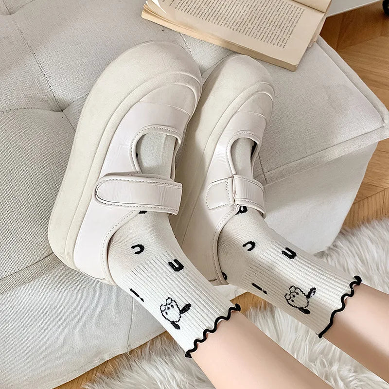 Lbsfy Women Socks Cotton Cute Rabbit Cherry Love Print Striped Ruffle Female Cartoon Animal Embroidery Stockings White Student Socks