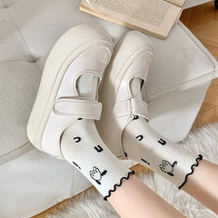 Lbsfy Women Socks Cotton Cute Rabbit Cherry Love Print Striped Ruffle Female Cartoon Animal Embroidery Stockings White Student Socks