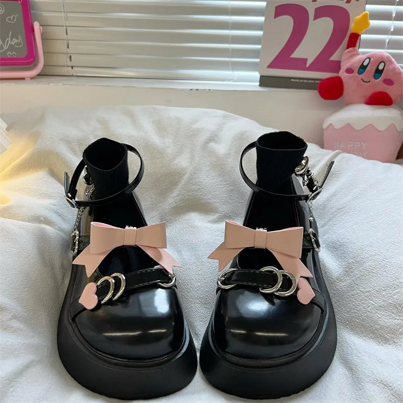 LBSFY  -  Cute Thick Mid Heel 4cm Platform Wedge Mary Jane Loli Shoes Women Summer New College Lolita Jk Uniform Pu Kawaii Bow Heart Shoe