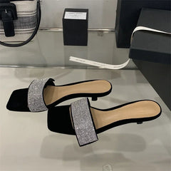 LBSFY -Summer Fashion Bling CRYSTAL Diamonds Square Toe Women Slippers Low Heels Party Dress Mules Slide Shoes
