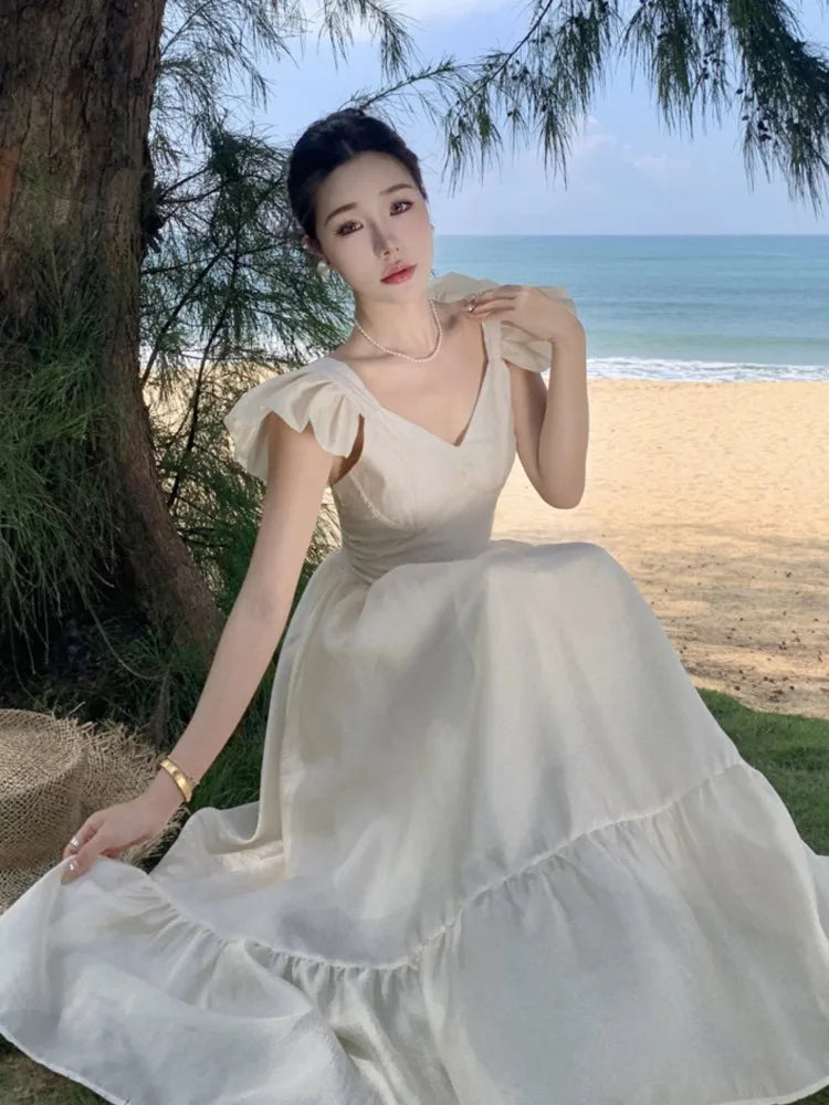 LBSFY -Women V Neck Backless Evening Party Dress Summer Beige Sweet Temper French Fairy Sundresss Fashion Clothing Vestido
