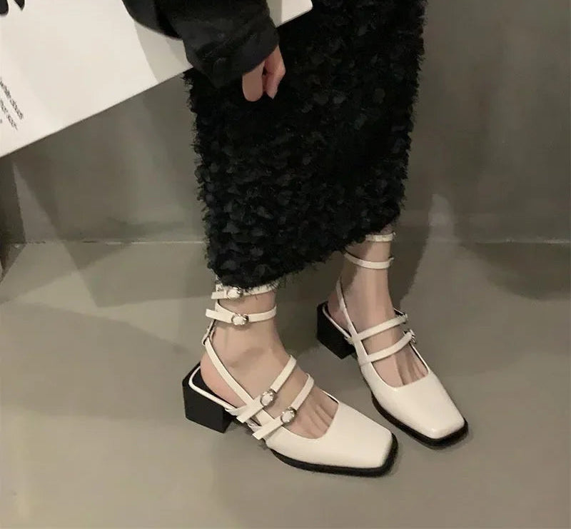LBSFY  Summer Thick Heel Women Sandals Fashion Square Toe Cross Ankle Strap Shoes Ladies Elegant Party Dress Sandalias