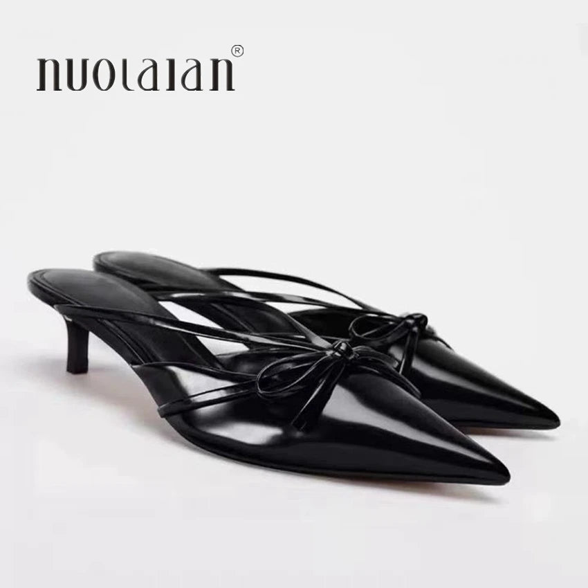 LBSFY -New Fashion Design Butterfly-Knot Pointed Toe Low Thin Heels Mules Slippers Women Pumps Shallow Slingback Sandal Female Shoes