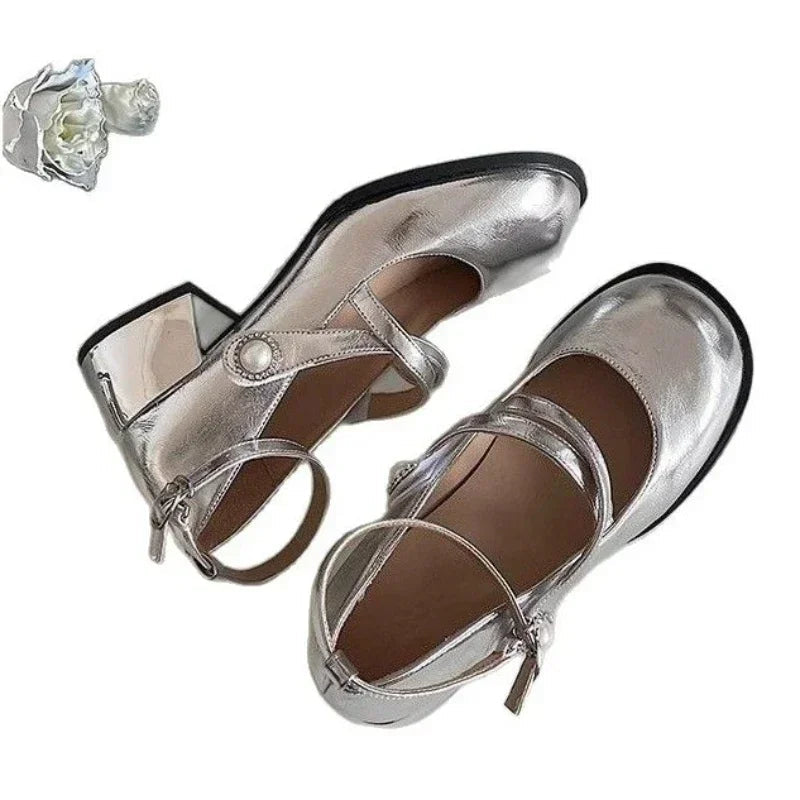 LBSFY -Ladies' Elegant  2025 Spring Style Women's Fashion One Line Buckle with Shallow Mouth Silver Mary Jane Single Shoes Square Heels