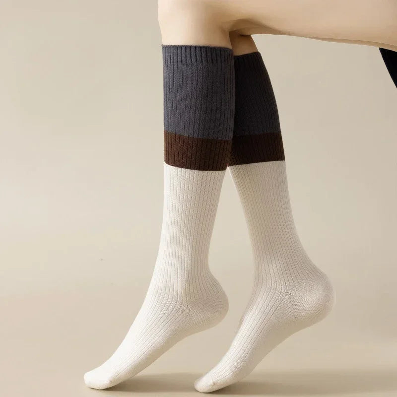 Lbsfy Stockings Women Knitted Cotton Color Matching Knee Socks Women Stockings JK Japanese Style School Girls Long Socks Stockings Sox