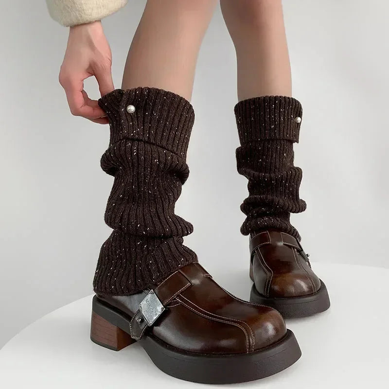 Lbsfy Korea New Pearl Mid-calf Socks Leggings Wool Knitted Ankle Covers Leg Warmers Winter Thickened Calf Socks Harajuku Leg Covers