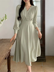 LBSFY -Korean Solid Midi Dresses for Women Fashion V-neck Long Sleeve A-line Solid Casual Dress Office Lady Clothing 2024 Autumn New