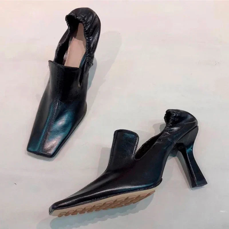 LBSFY  -  Designer Square Toe High Heels Women Fashion Pleated Party Dress Shoes Shallow New 2024 Spring Autumn Retro Mules Pumps Women